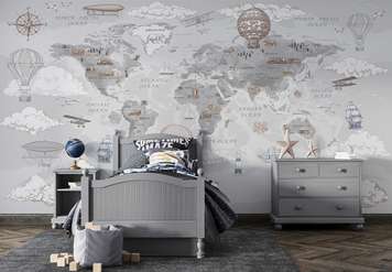 Wall Mural - World map vintage style, gray colors, in English