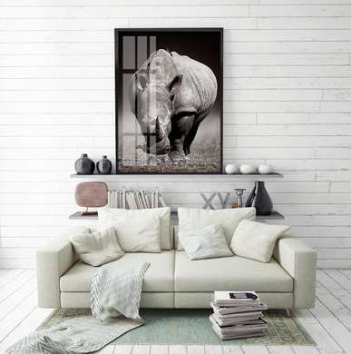 Постер - Носорог, 30 x 60 см, Холст на подрамнике, Черно Белые