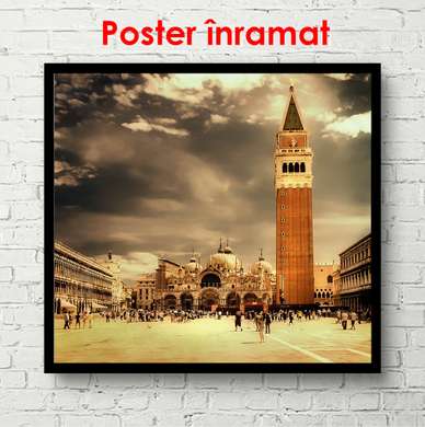 Poster - Turnul în orașul vechi, 100 x 100 см, Poster înrămat, Vintage