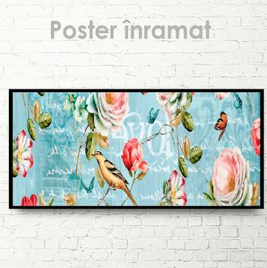 Poster - Trandafiri, pasărea și fluturi, 150 x 50 см, Poster inramat pe sticla