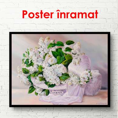 Постер - Белая корзинка с цветами на нежном розовом фоне, 90 x 60 см, Постер в раме, Натюрморт