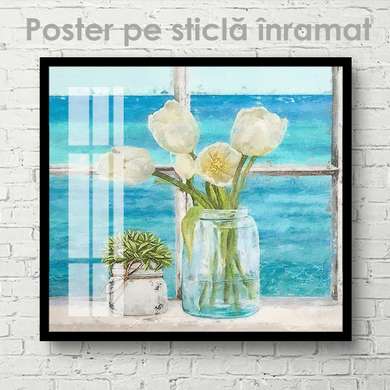 Poster - Lalele albe, 40 x 40 см, Panza pe cadru, Flori