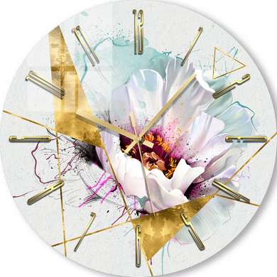 Glass clock - White poppy with golden elements, 40cm