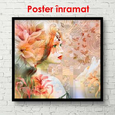 Poster - Fata cu flori, 100 x 100 см, Poster inramat pe sticla