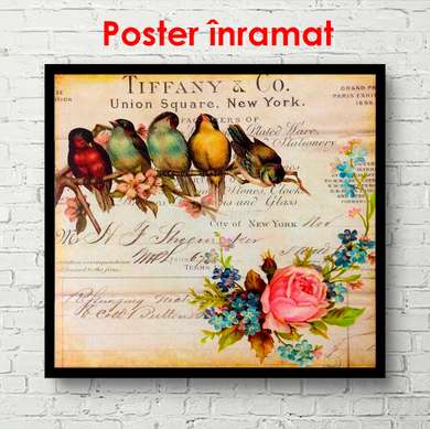 Poster - Păsări multicolore pe o ramură, 100 x 100 см, Poster înrămat, Provence