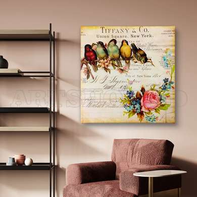 Poster - Păsări multicolore pe o ramură, 100 x 100 см, Poster inramat pe sticla, Provence