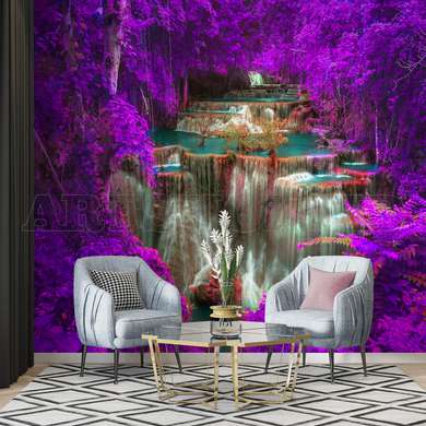 Wall mural - The waterfall and the trees with purple leaves