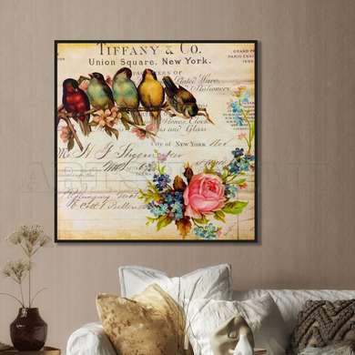 Постер - Разноцветные птички на ветке, 100 x 100 см, Постер на Стекле в раме, Прованс