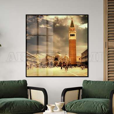 Poster - Tower in the ancient city, 100 x 100 см, Framed poster on glass, Vintage