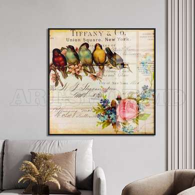 Постер - Разноцветные птички на ветке, 100 x 100 см, Постер на Стекле в раме, Прованс
