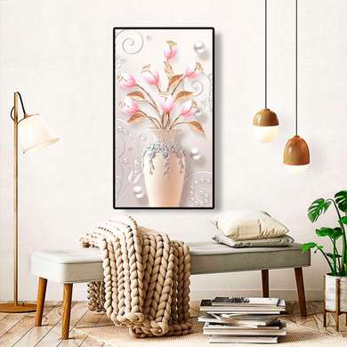 Poster - Vaza cu lalele roz, 30 x 60 см, Panza pe cadru