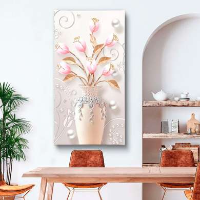 Постер - Ваза с розовыми тюльпанами, 30 x 60 см, Холст на подрамнике