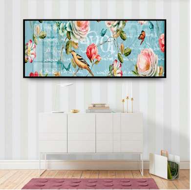 Poster - Roses, bird and butterflies, 150 x 50 см, Framed poster on glass, Botanical