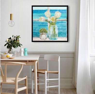 Постер - Белые тюльпаны, 40 x 40 см, Холст на подрамнике, Цветы
