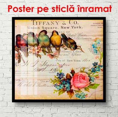 Постер - Разноцветные птички на ветке, 100 x 100 см, Постер в раме, Прованс