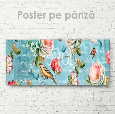 Постер - Розы, птичка и бабочки, 150 x 50 см, Постер на Стекле в раме, Ботаника