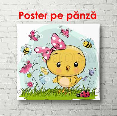 Poster - Yellow chicken, 100 x 100 см, Framed poster on glass, For Kids