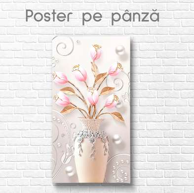 Poster - Vaza cu lalele roz, 30 x 60 см, Panza pe cadru