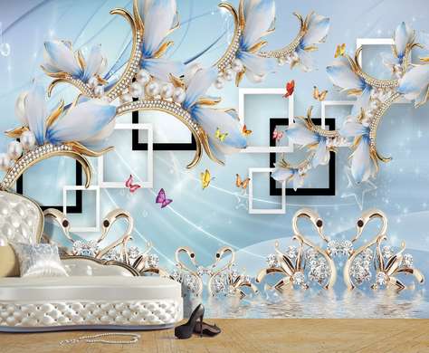 Wall Mural - Swans and flowers from a brooch on a blue background
