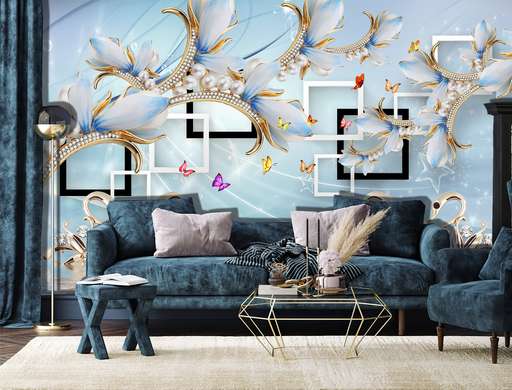 Wall Mural - Swans and flowers from a brooch on a blue background