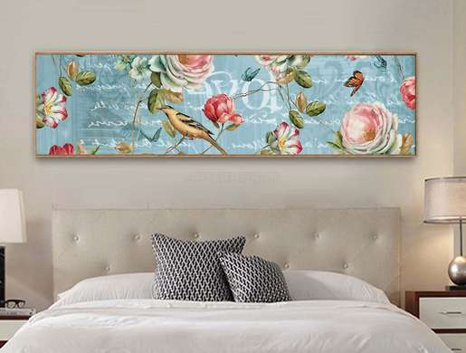Постер - Розы, птичка и бабочки, 150 x 50 см, Постер на Стекле в раме, Ботаника
