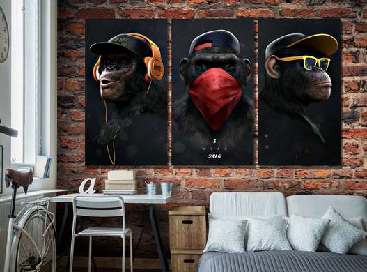 Poster - Maimuțe moderne, 40 x 80 см, Poster inramat pe sticla