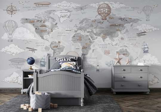 Wall Mural - World map vintage style, gray colors, in English