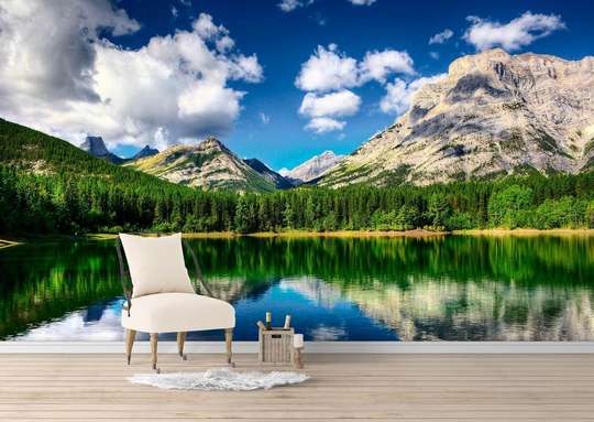 Wall Mural - Lake in the forest against the backdrop of a mountain landscape