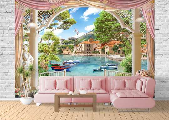 Wall mural with a window view of a wonderful city on the water.