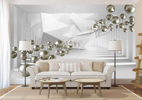 3D Wallpaper - Pearls floating in the air from a tunnel with a white wall
