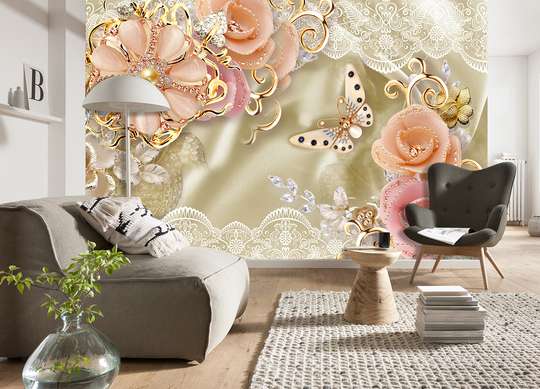 Wall Mural - Pink flowers on a delicate beige background
