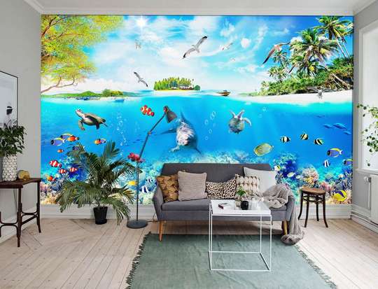 Wall Mural - Blue ocean with dolphin and fish underwater