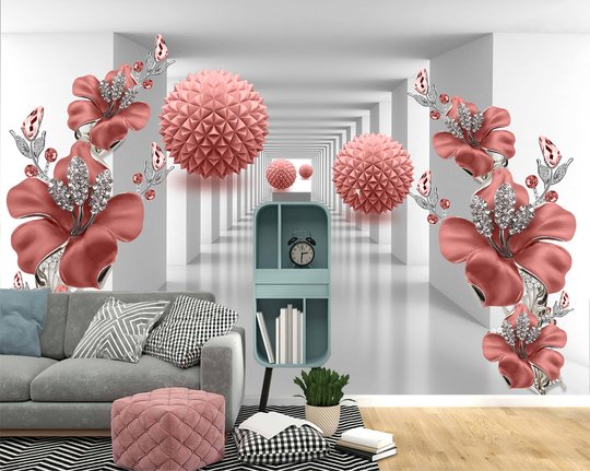 Fototapet 3D, Sfere și flori roșii într-un tunel 3D