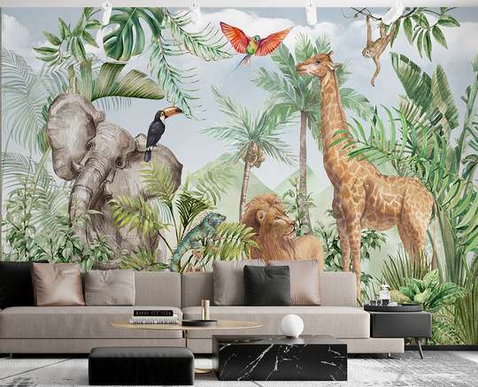 Wall mural - Safari animals in the jungle and exotic birds on a pale blue background
