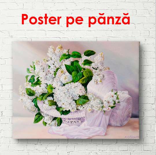Постер - Белая корзинка с цветами на нежном розовом фоне, 90 x 60 см, Постер в раме