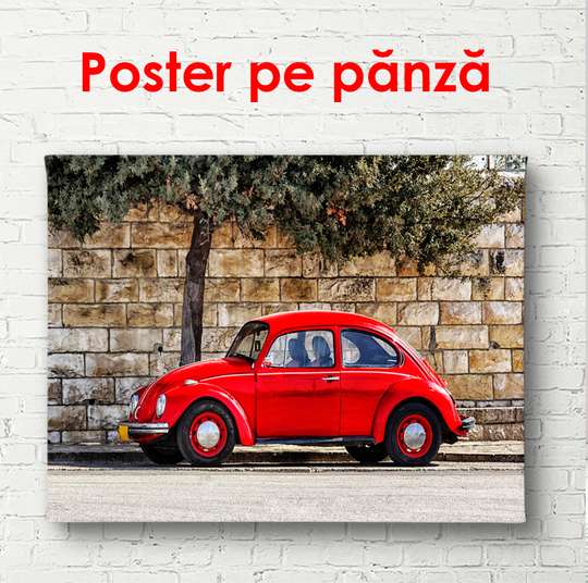 Постер - Красный автомобиль возле стены, 90 x 60 см, Постер в раме