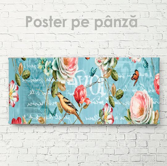 Poster, Trandafiri, pasărea și fluturi, 90 x 30 см, Panza pe cadru