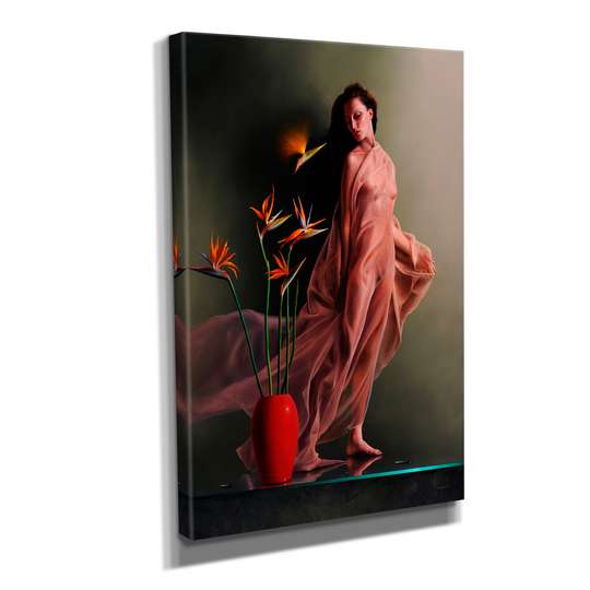 Постер - Девушка с экзотическими цветами, 30 x 45 см, Холст на подрамнике