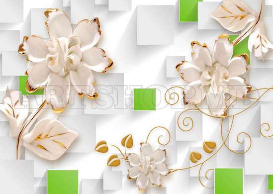 Fototapet - Flori albe și ornamente aurii pe un fundal abstract