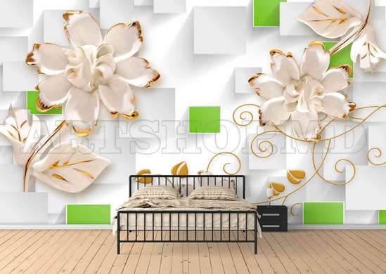 Wall Mural - White flowers and gold patterns on an abstract background