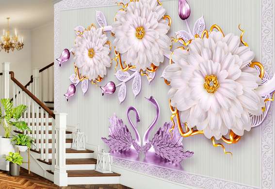 Wall Mural - Beige flowers and purple swans