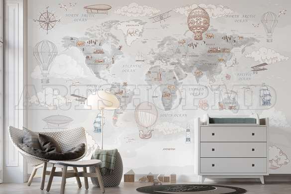 Wall Mural - World map vintage style, gray colors, in English