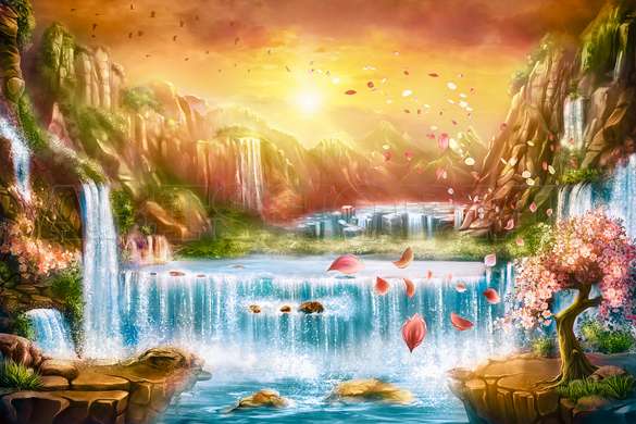 Wall Mural - Cascade against the backdrop of dawn in the distant mountains