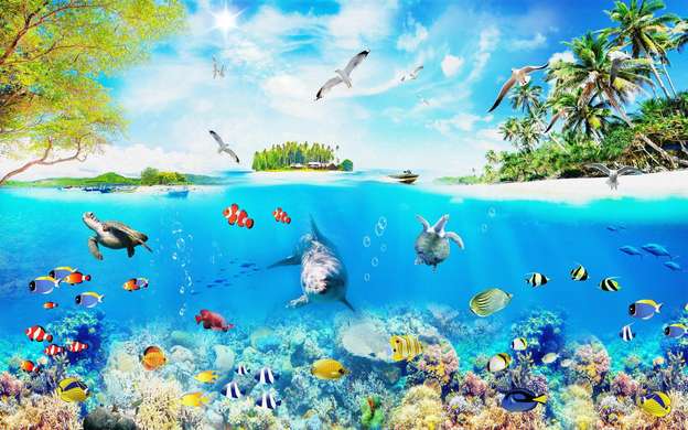 Фотообои - Голубой океан с дельфином и рыбками под водой