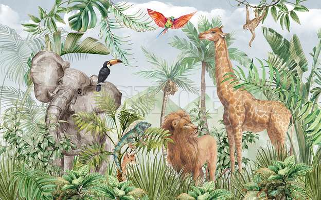 Wall mural - Safari animals in the jungle and exotic birds on a pale blue background