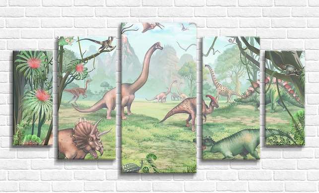 Tablou Pe Panza Multicanvas, Dinozaurii în junglă, 206 x 115