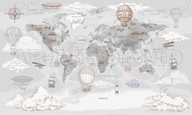 Wall Mural - World map vintage style, gray colors, in English