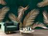 Wall Mural - Golden palm leaves on a dark green background