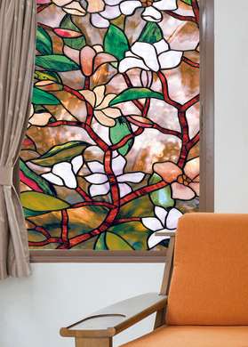 Autocolant pentru Ferestre, Vitraliu decorativ cu flori de magnolie, 60 x 90cm, Transparent, Autocolant Vitraliu