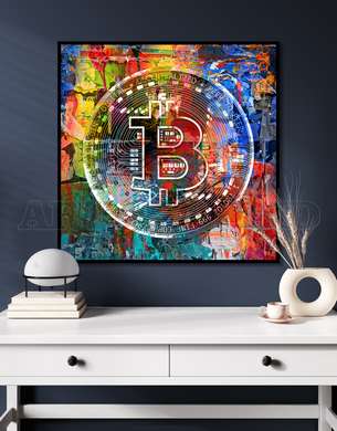 Poster - Bitcoin pe fundal multicolor, 100 x 100 см, Poster inramat pe sticla, Abstracție